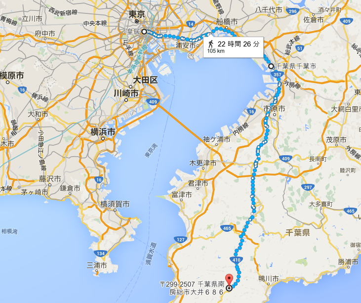 皇居から嶺岡牧場まで徒歩で行く場合の地図